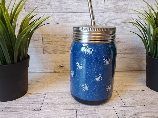12 ounce mason jar style epoxy tumbler with glow in the dark lightning bugs