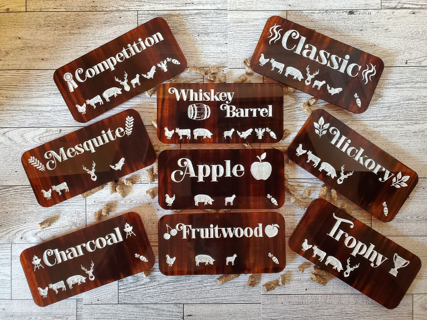 Set of nine engraved Smoker/BBQ plaques in magogany toned acrylic
