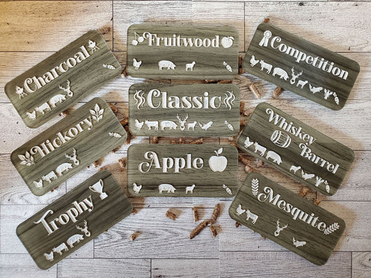 Set of nine engraved Smoker/BBQ plaques in ash toned acrylic (magnetic back)