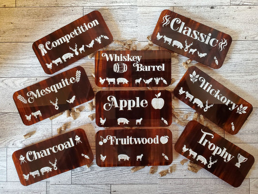 Set of nine engraved Smoker/BBQ plaques in magogany toned acrylic