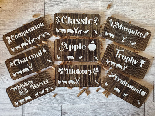 Set of nine engraved Smoker/BBQ plaques in reclaimed toned acrylic (magnetic back)