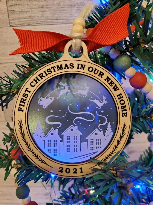 First Christmas in Our New Home with a light wreath - Frosted